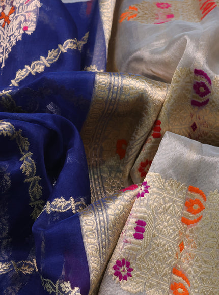 Blue-Grey Banarasi Kora Saree With Allover Zari Weaves & Tissue Border