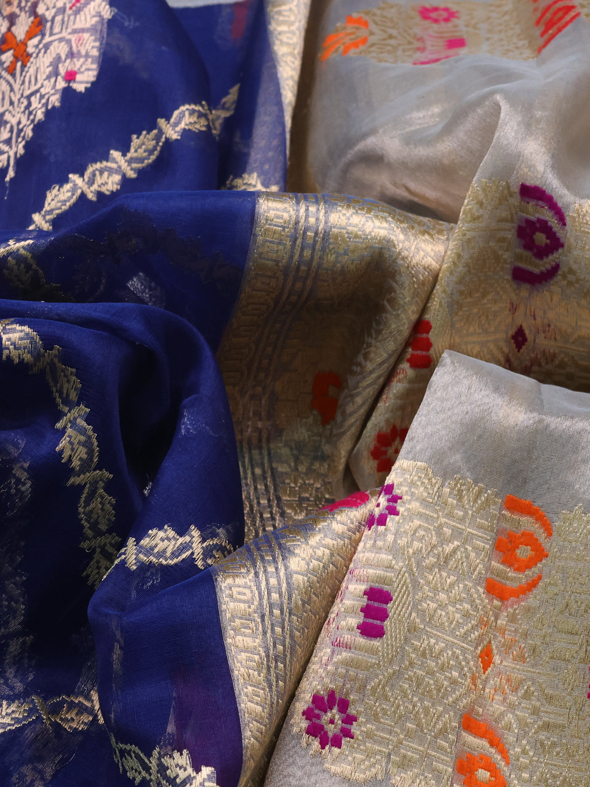 Blue-Grey Banarasi Kora Saree With Allover Zari Weaves & Tissue Border