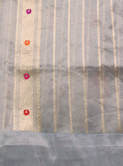 Blue-Grey Banarasi Kora Saree With Allover Zari Weaves & Tissue Border