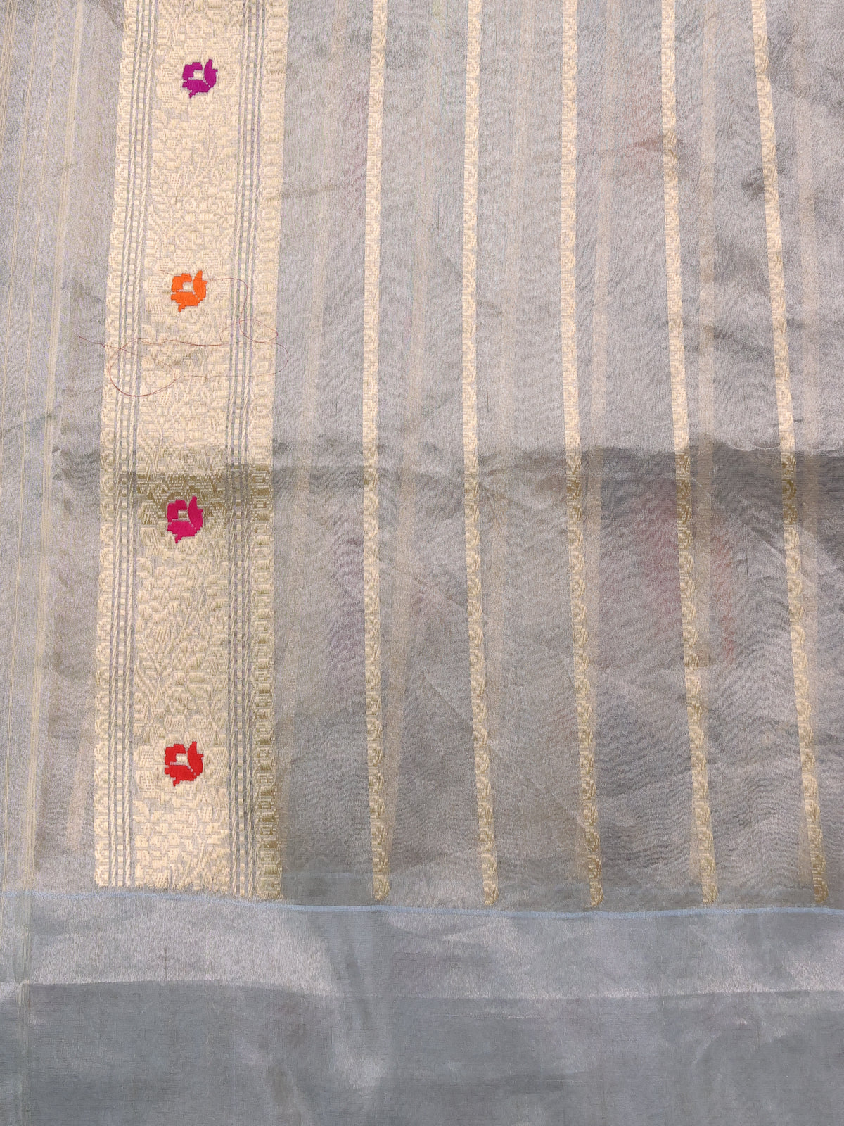 Blue-Grey Banarasi Kora Saree With Allover Zari Weaves & Tissue Border
