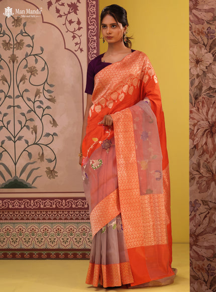 Orange- Grey Banarasi Silk Saree With Plain Body & Organza Floral Design Zari Border