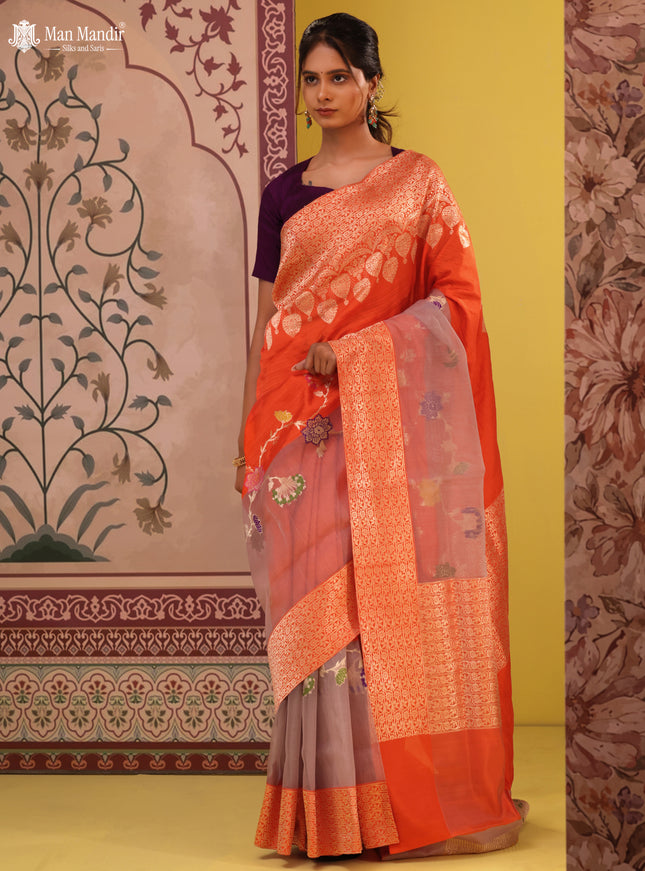 Orange- Grey Banarasi Silk Saree With Plain Body & Organza Floral Design Zari Border