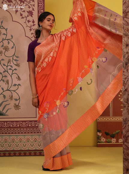 Orange- Grey Banarasi Silk Saree With Plain Body & Organza Floral Design Zari Border