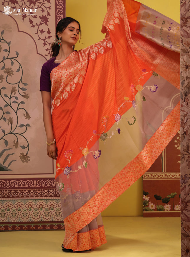Orange- Grey Banarasi Silk Saree With Plain Body & Organza Floral Design Zari Border