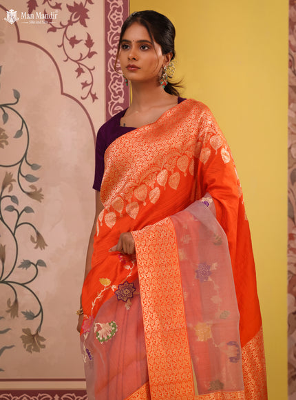 Orange- Grey Banarasi Silk Saree With Plain Body & Organza Floral Design Zari Border