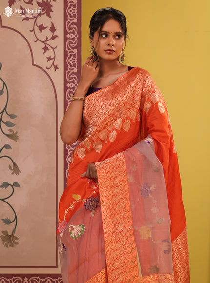 Orange- Grey Banarasi Silk Saree With Plain Body & Organza Floral Design Zari Border