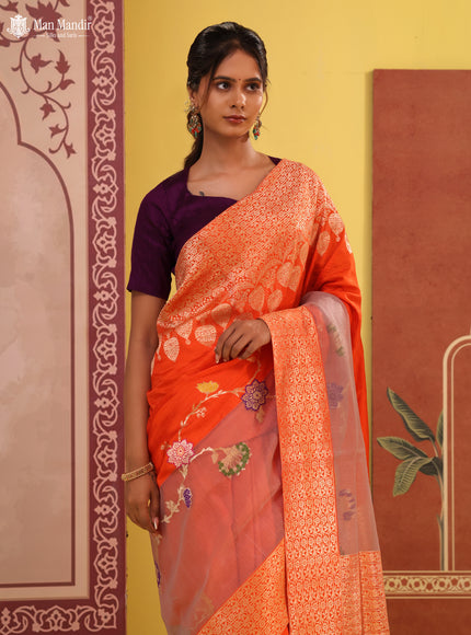 Orange- Grey Banarasi Silk Saree With Plain Body & Organza Floral Design Zari Border