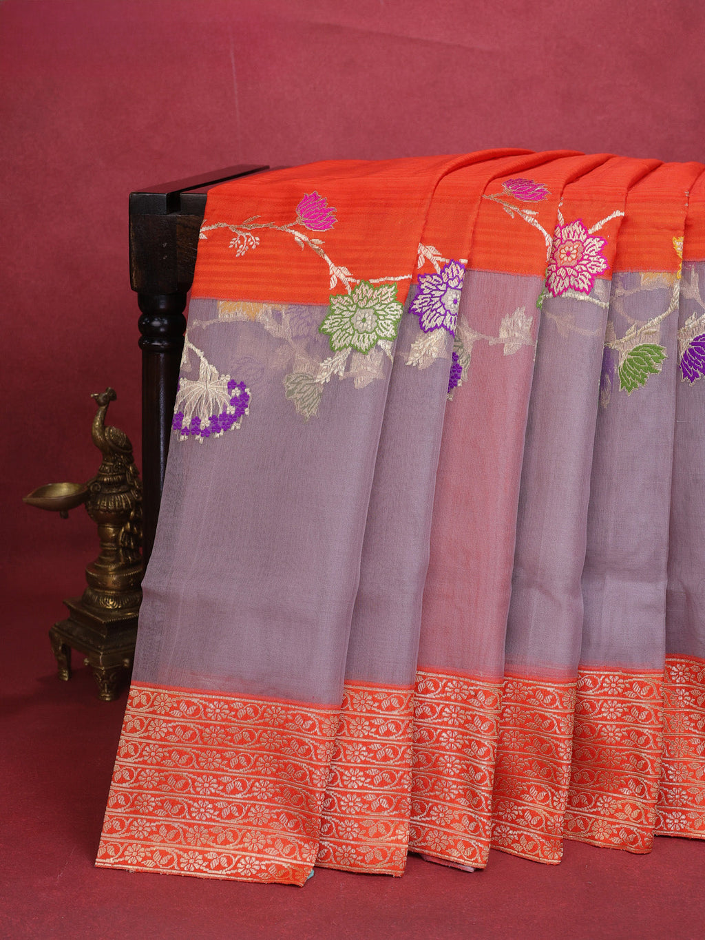 Orange- Grey Banarasi Silk Saree With Plain Body & Organza Floral Design Zari Border