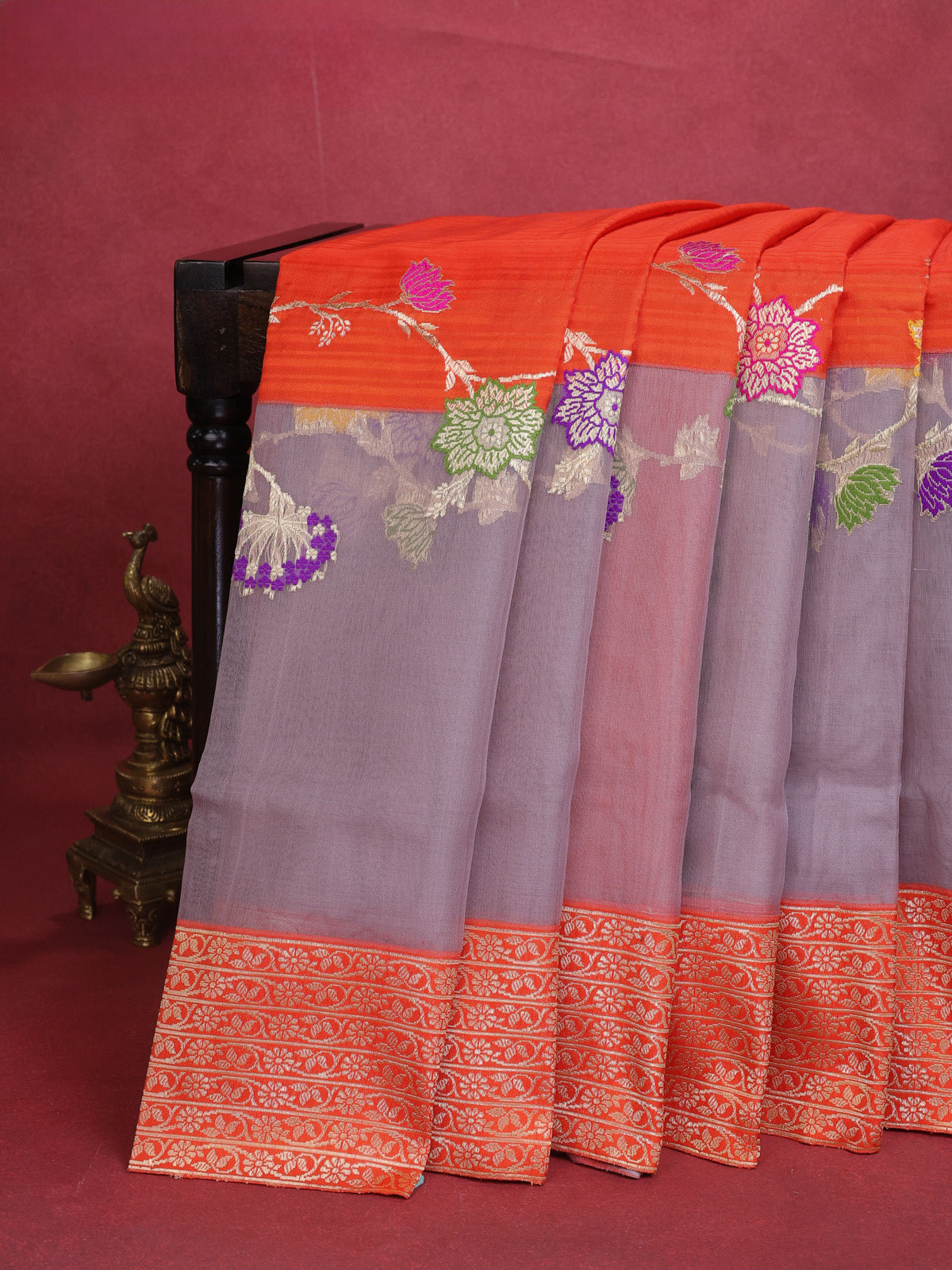 Orange- Grey Banarasi Silk Saree With Plain Body & Organza Floral Design Zari Border