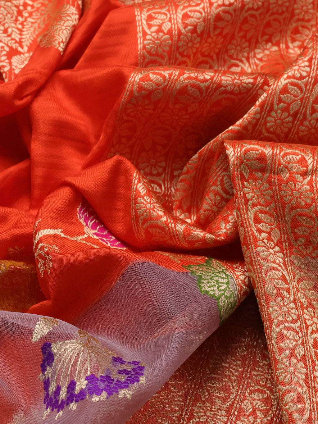 Orange- Grey Banarasi Silk Saree With Plain Body & Organza Floral Design Zari Border
