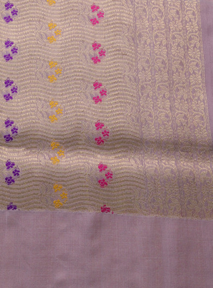 Orange- Grey Banarasi Silk Saree With Plain Body & Organza Floral Design Zari Border