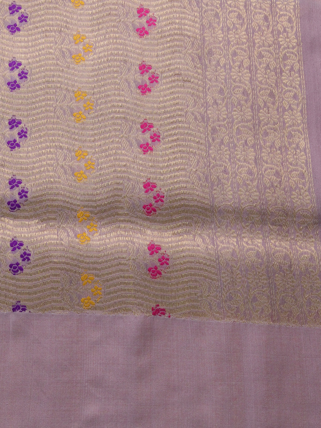 Orange- Grey Banarasi Silk Saree With Plain Body & Organza Floral Design Zari Border