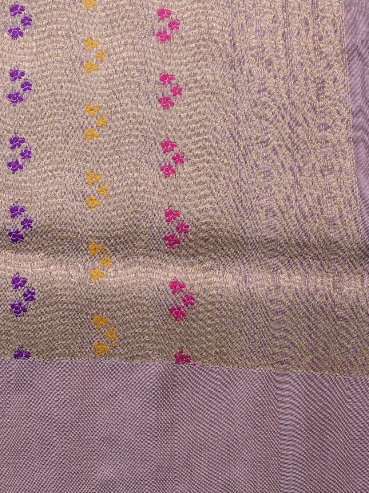 Orange- Grey Banarasi Silk Saree With Plain Body & Organza Floral Design Zari Border