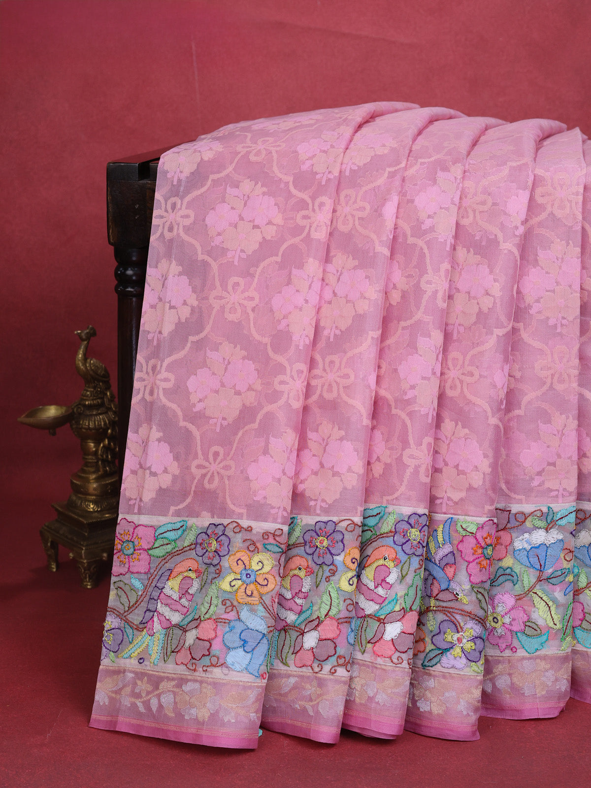 Pastel Pink Banarasi Kora Saree With Self Weaving & Convent Embroidery Border