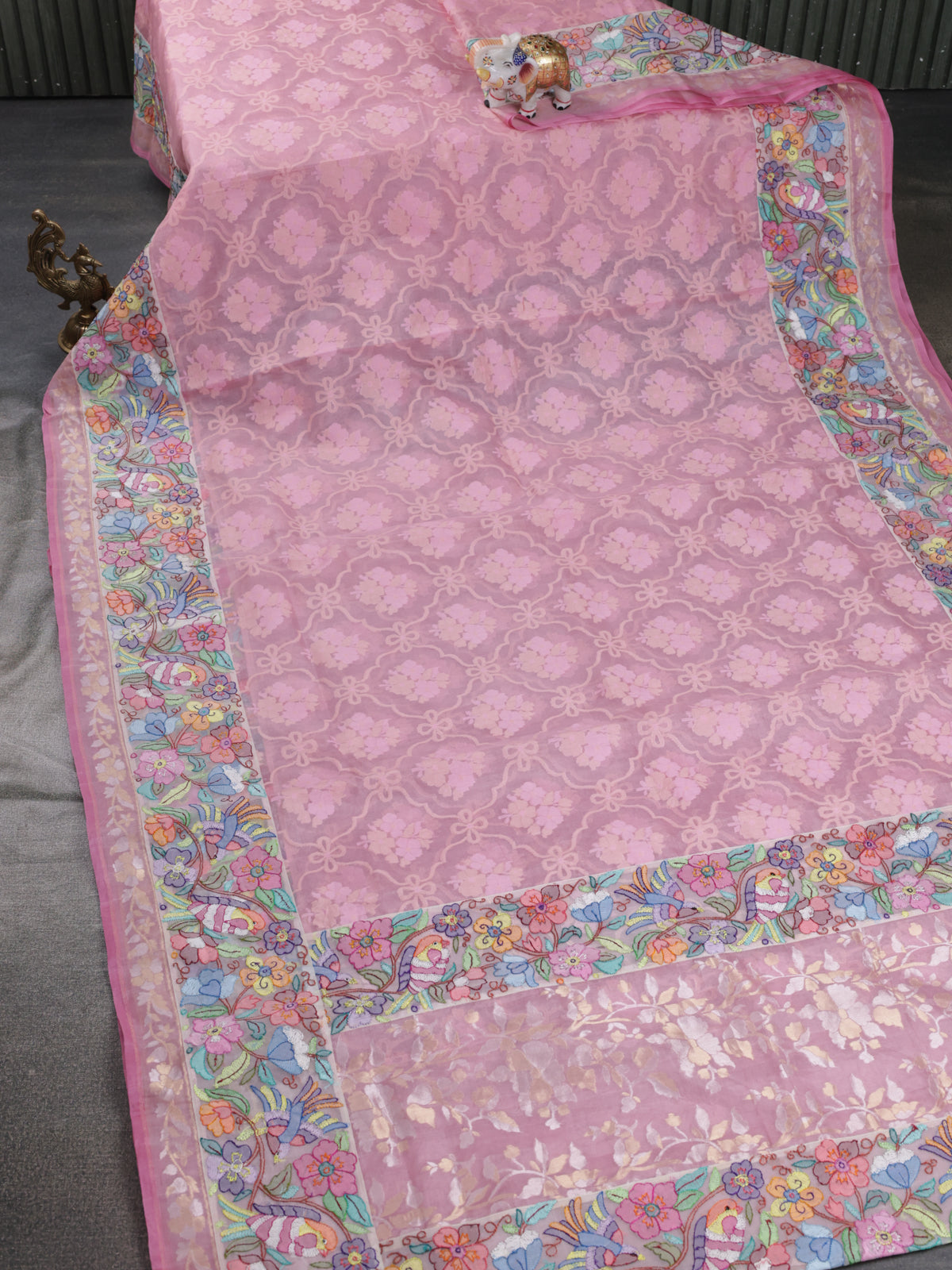 Pastel Pink Banarasi Kora Saree With Self Weaving & Convent Embroidery Border