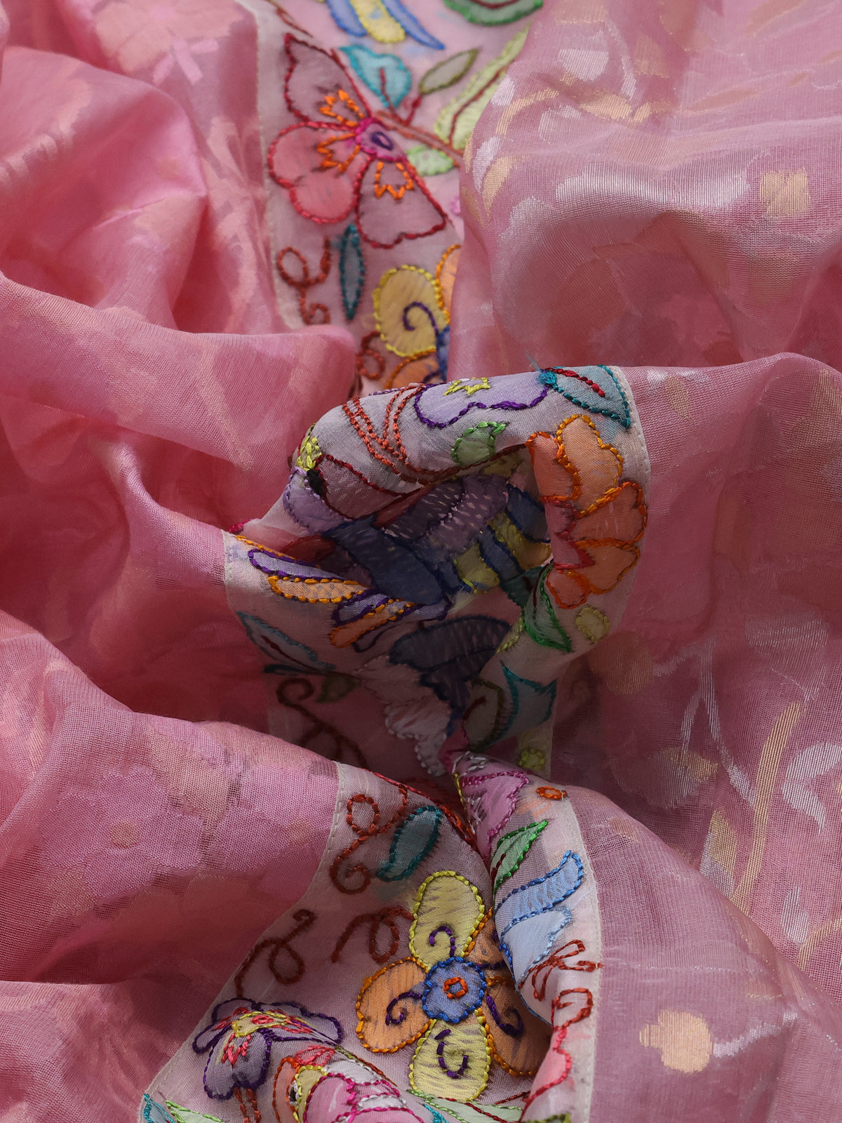 Pastel Pink Banarasi Kora Saree With Self Weaving & Convent Embroidery Border