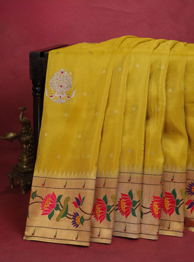 Yellow Tissue Silk Saree With Embroidery Butta & Paithani Style Border