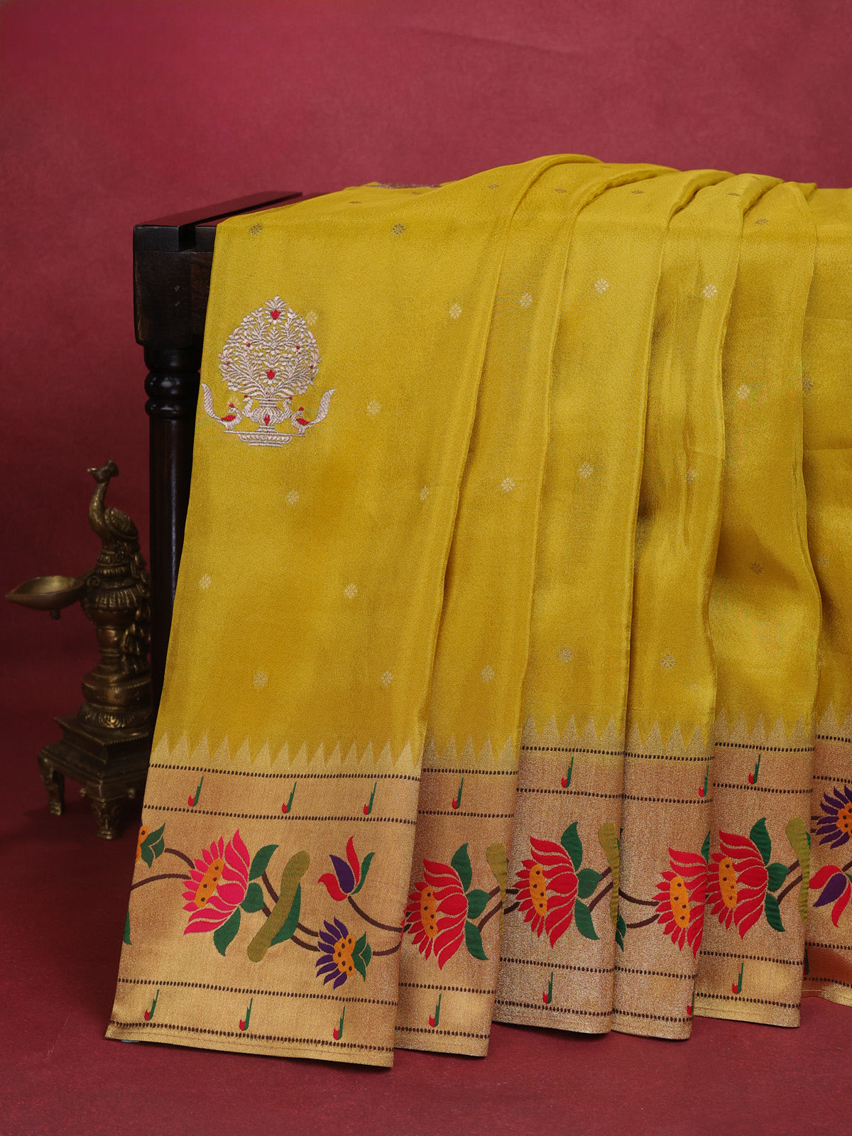Yellow Tissue Silk Saree With Embroidery Butta & Paithani Style Border