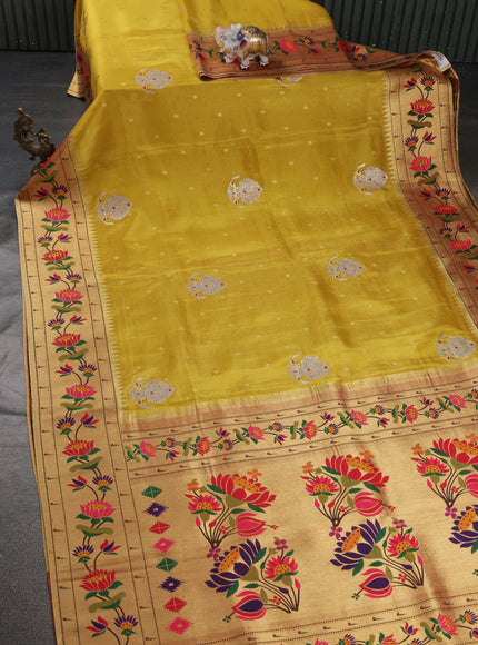 Yellow Tissue Silk Saree With Embroidery Butta & Paithani Style Border