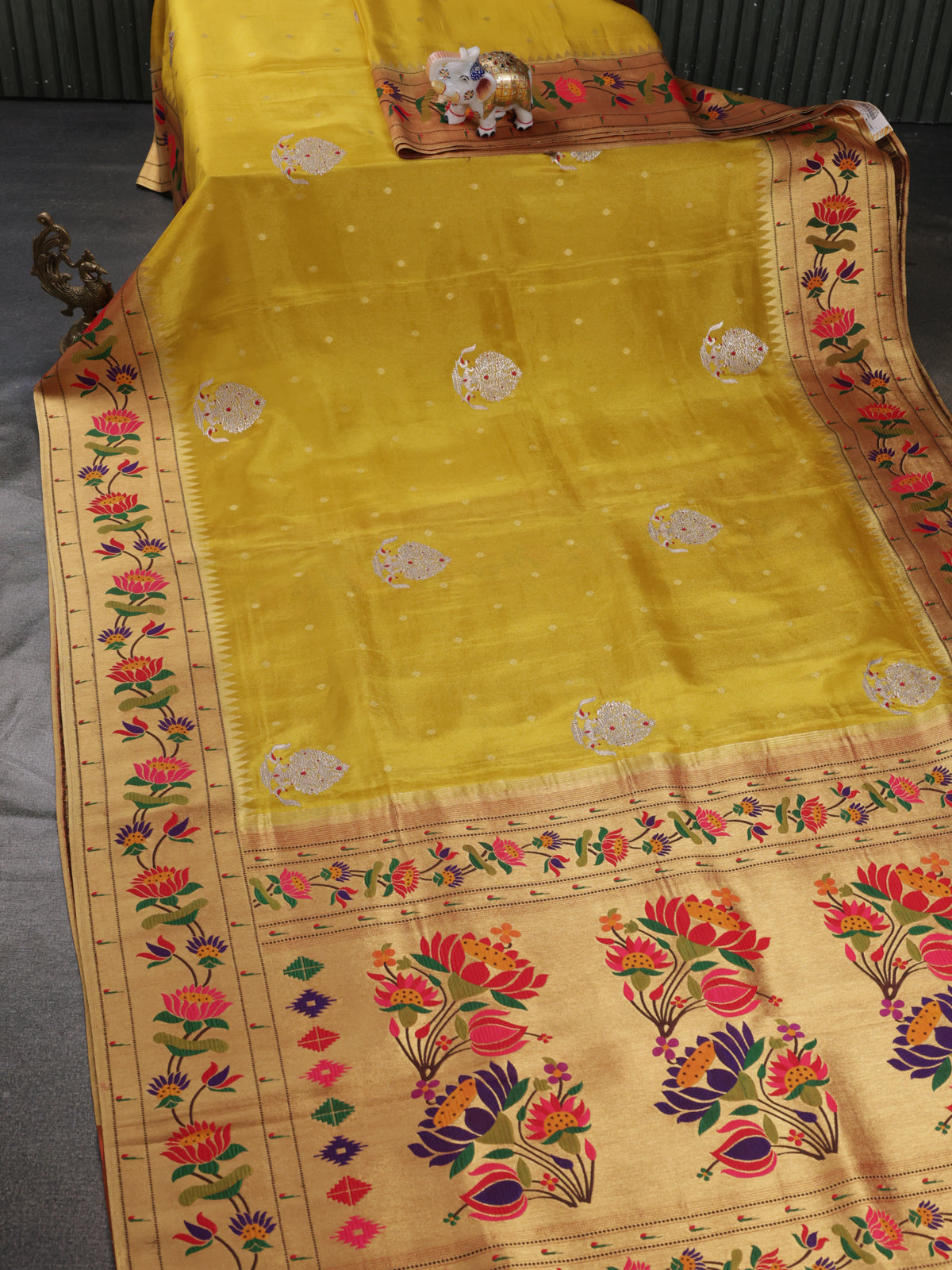 Yellow Tissue Silk Saree With Embroidery Butta & Paithani Style Border