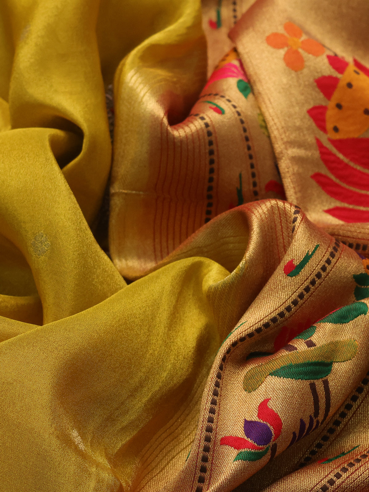 Yellow Tissue Silk Saree With Embroidery Butta & Paithani Style Border