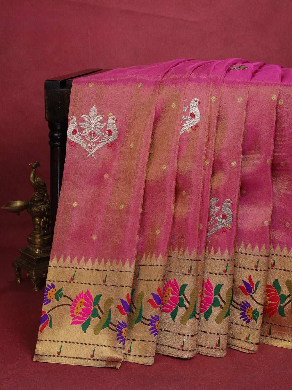 Pink Tissue Silk Saree With Embroidery Butta & Paithani Style Border