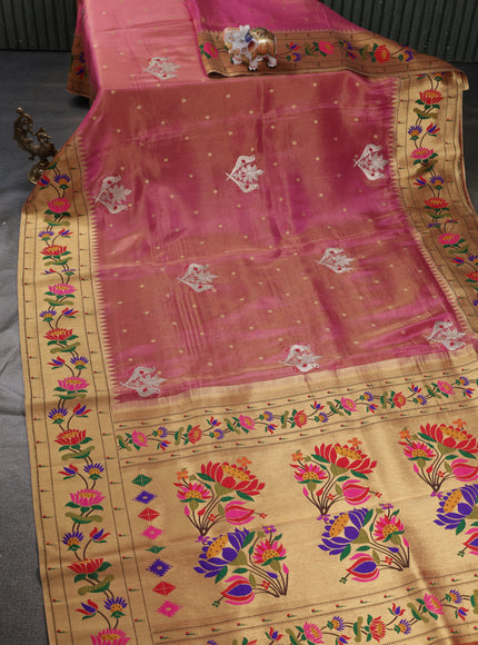Pink Tissue Silk Saree With Embroidery Butta & Paithani Style Border