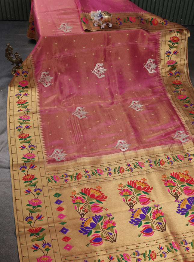 Pink Tissue Silk Saree With Embroidery Butta & Paithani Style Border