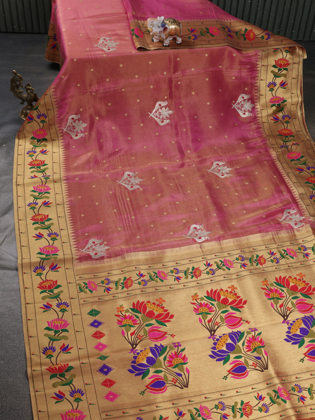 Pink Tissue Silk Saree With Embroidery Butta & Paithani Style Border