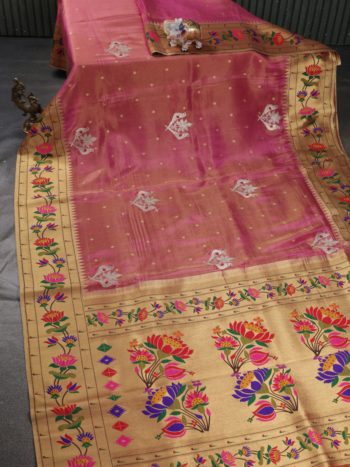 Pink Tissue Silk Saree With Embroidery Butta & Paithani Style Border