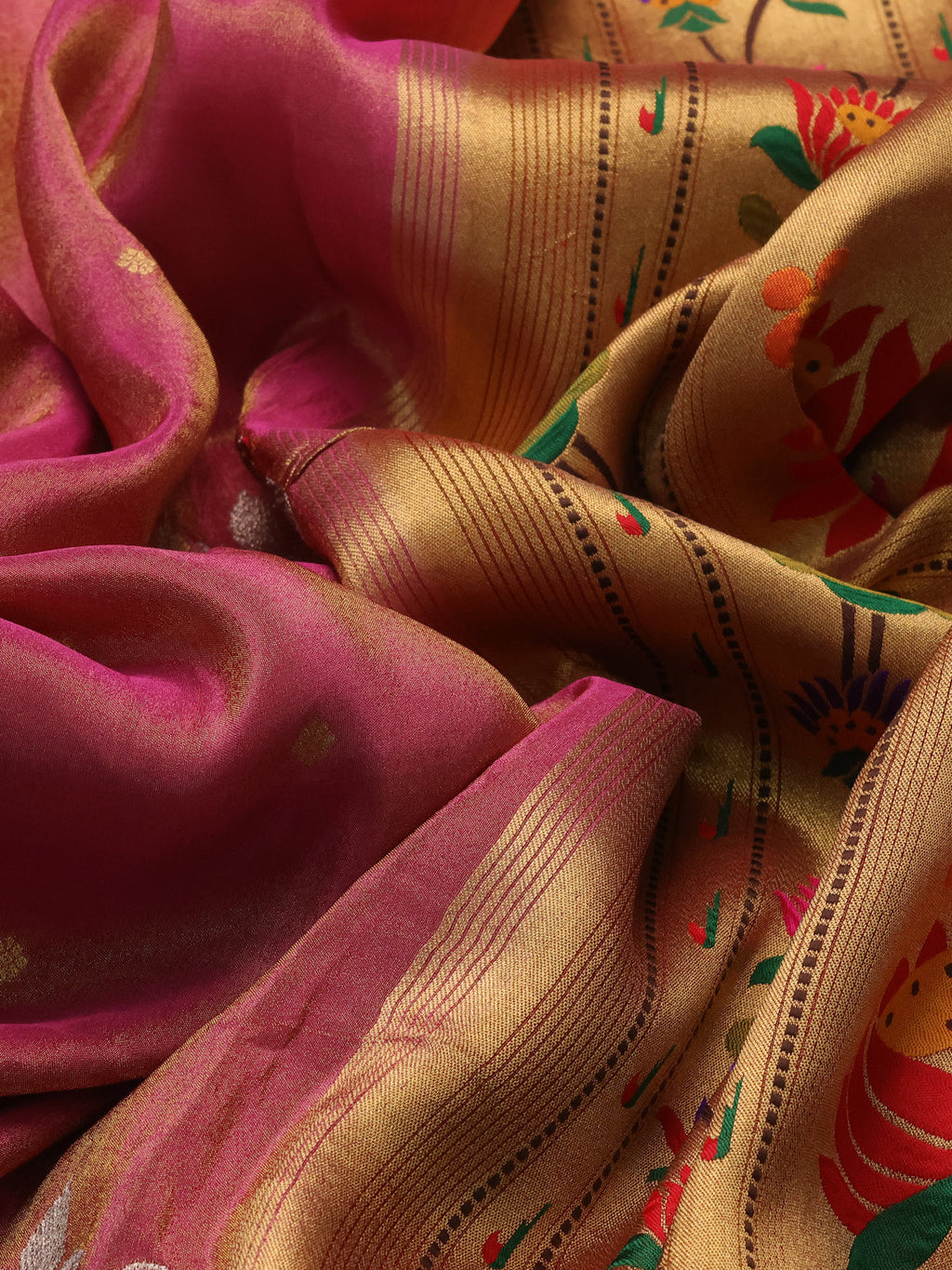 Pink Tissue Silk Saree With Embroidery Butta & Paithani Style Border