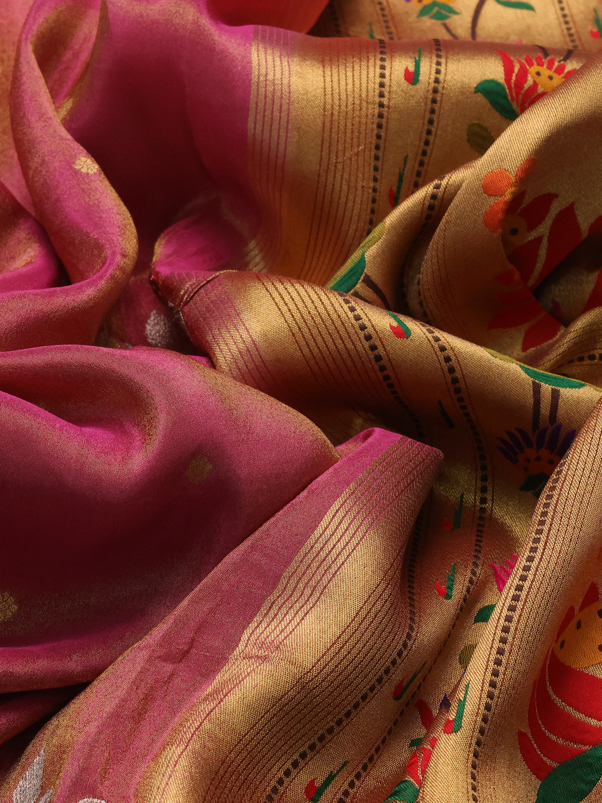 Pink Tissue Silk Saree With Embroidery Butta & Paithani Style Border