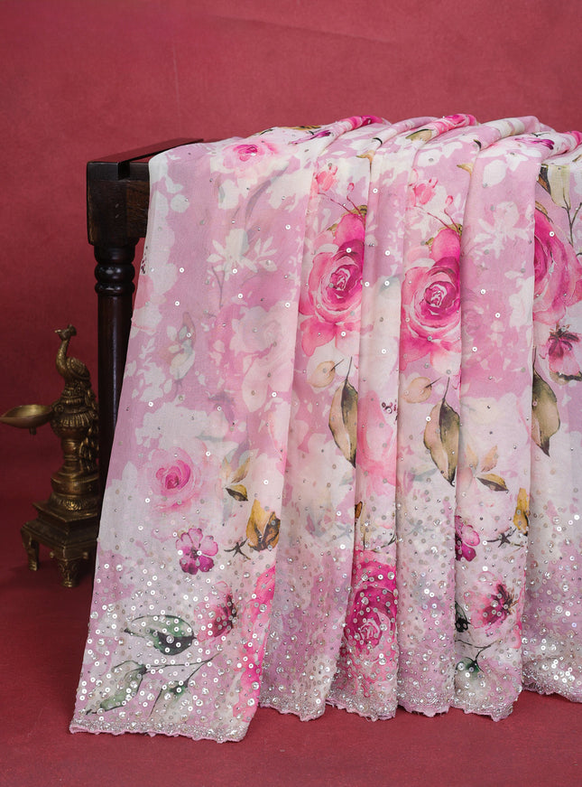 Pastel Pink Pure Chiffon Saree With Floral Prints & Sequin Work Border