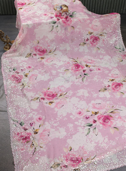 Pastel Pink Pure Chiffon Saree With Floral Prints & Sequin Work Border