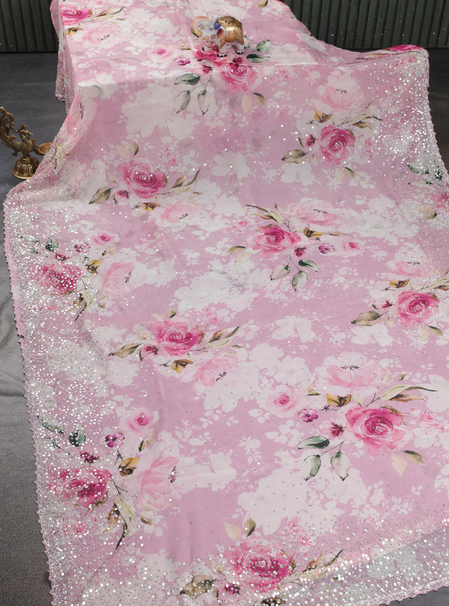 Pastel Pink Pure Chiffon Saree With Floral Prints & Sequin Work Border
