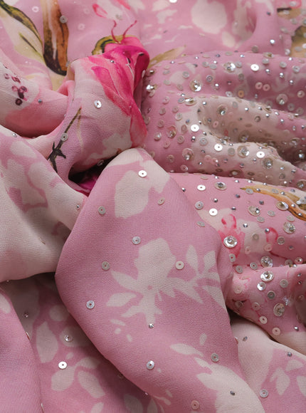 Pastel Pink Pure Chiffon Saree With Floral Prints & Sequin Work Border