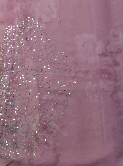 Pastel Pink Pure Chiffon Saree With Floral Prints & Sequin Work Border