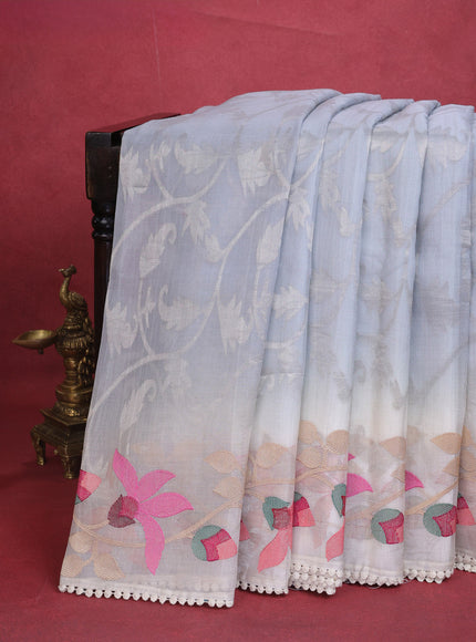 Pastel Grey-Cream Organza Silk Saree With Allover Silver Zari Weaves & Border Embroidery