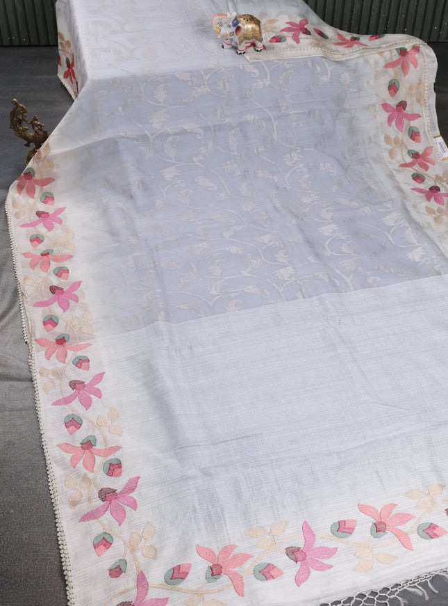 Pastel Grey-Cream Organza Silk Saree With Allover Silver Zari Weaves & Border Embroidery