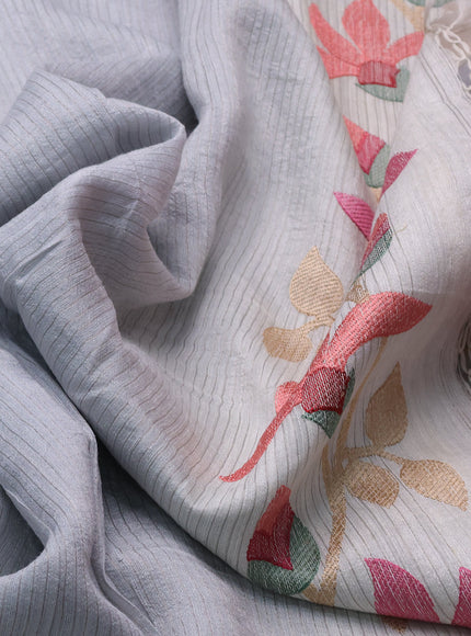 Pastel Grey-Cream Organza Silk Saree With Allover Silver Zari Weaves & Border Embroidery