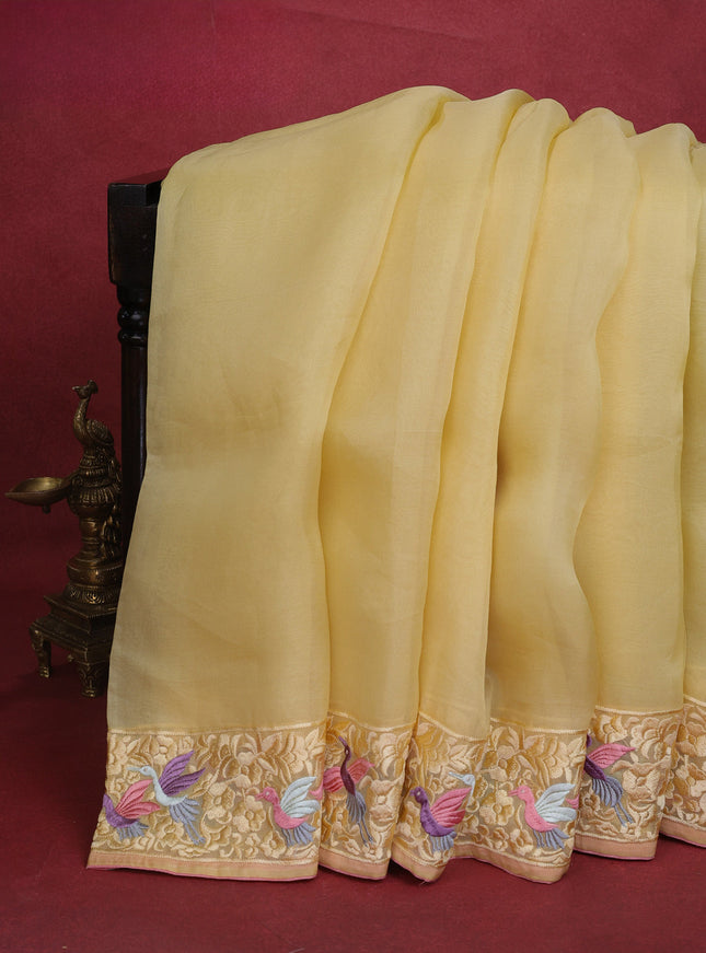 Pale Yellow Organza Silk Saree With Parsi Work Border