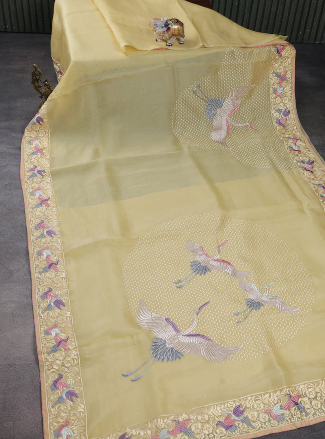 Pale Yellow Organza Silk Saree With Parsi Work Border