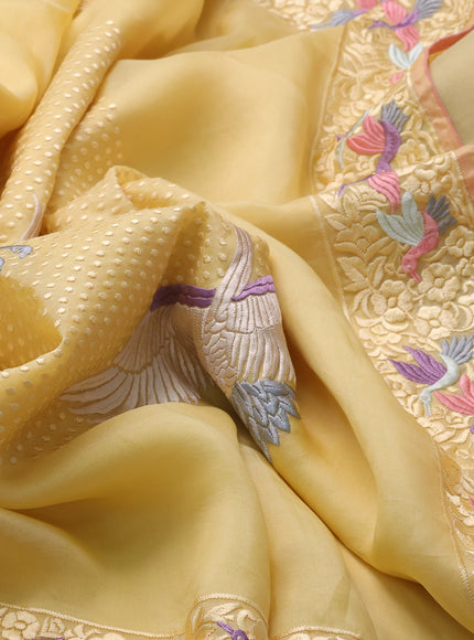 Pale Yellow Organza Silk Saree With Parsi Work Border