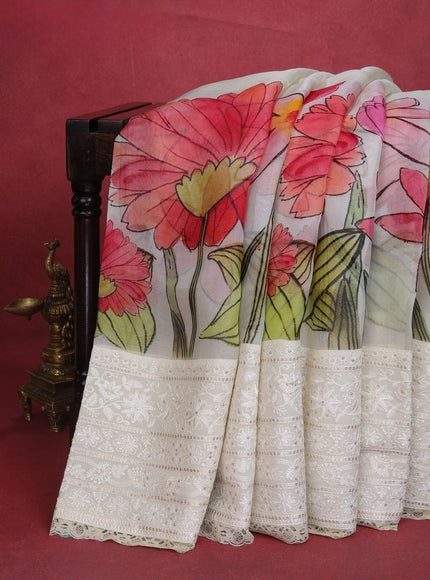 Cream Organza Silk Saree With Digital Prints & Embroidery Sequin Work Border