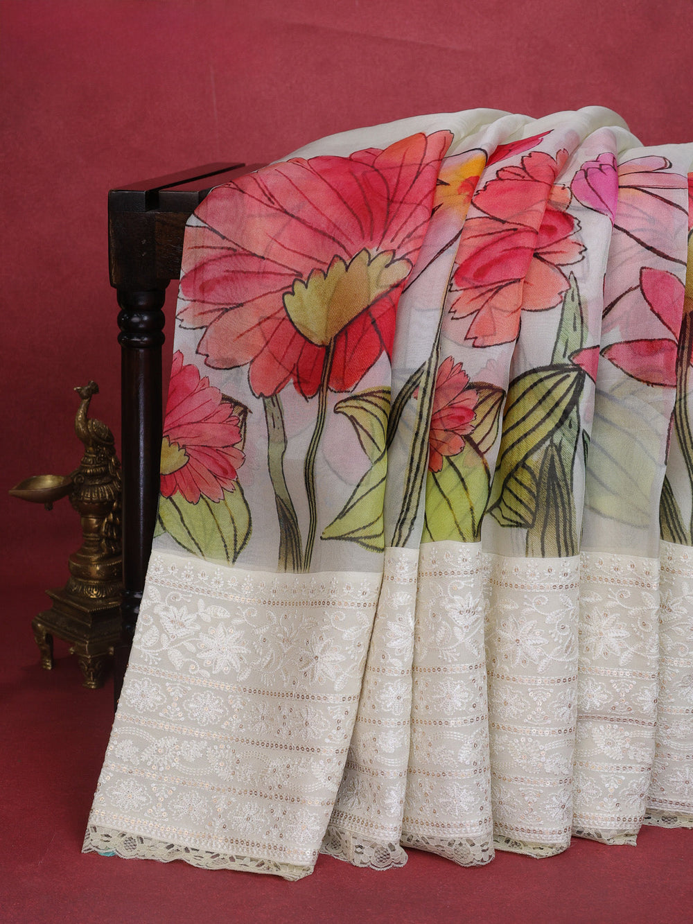 Cream Organza Silk Saree With Digital Prints & Embroidery Sequin Work Border