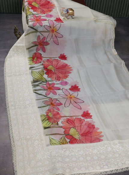 Cream Organza Silk Saree With Digital Prints & Embroidery Sequin Work Border