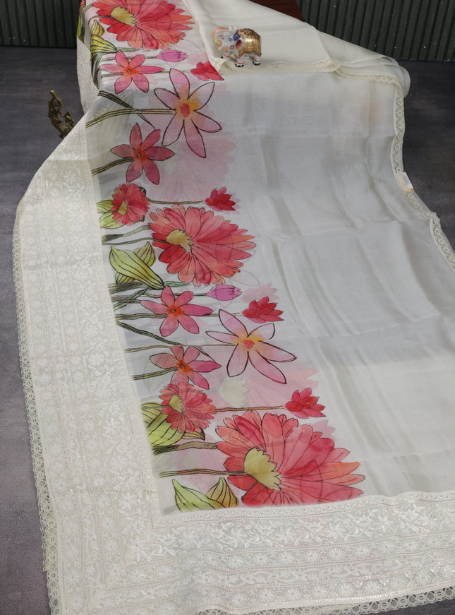 Cream Organza Silk Saree With Digital Prints & Embroidery Sequin Work Border