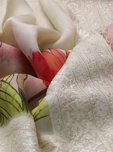 Cream Organza Silk Saree With Digital Prints & Embroidery Sequin Work Border