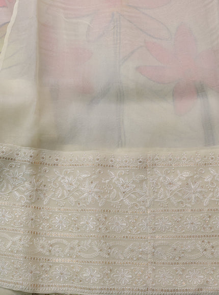 Cream Organza Silk Saree With Digital Prints & Embroidery Sequin Work Border