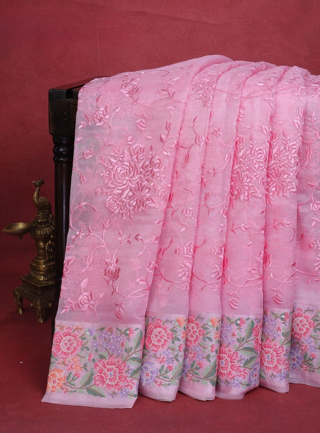 Peach Pink Organza Silk Saree With Allover Parsi Work & Kutch Embroided Border